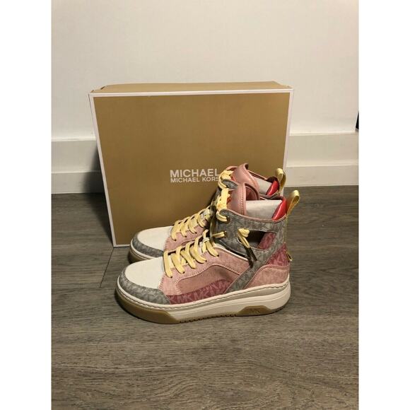 PERFECTION NEW MICHAEL KORS MATSON HIGH TOP CANVAS SNEAKERS PINK MULTI $225 S7.5 - Picture 9 of 12